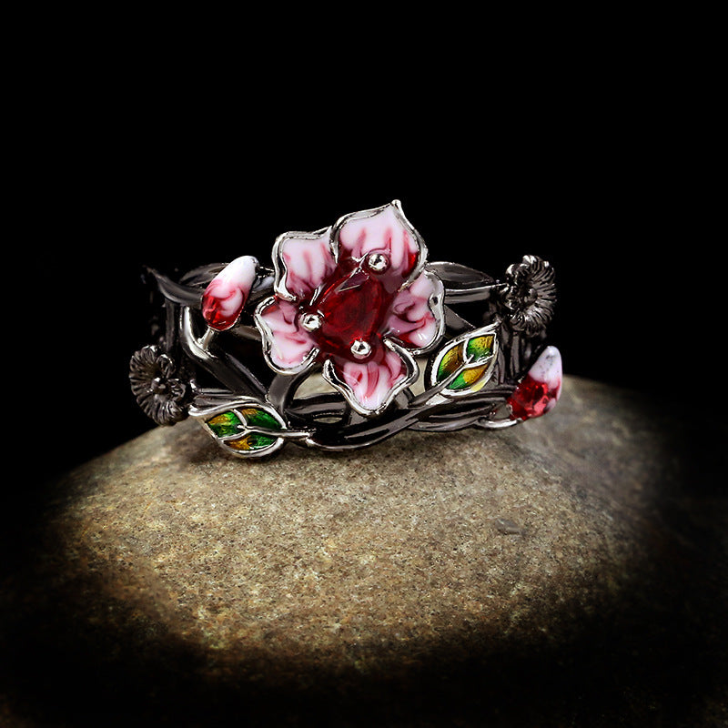 Wholesale Gothic style black gold-plated two-tone flower ring